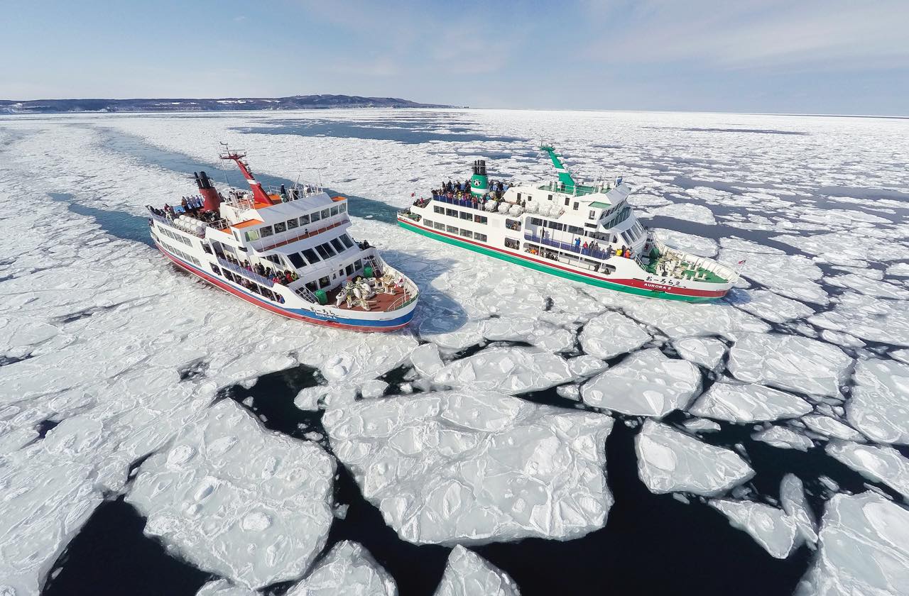 流氷観光砕氷船「おーろら」の流氷クルーズ。アザラシなどの海獣類が流氷の上でただずむ姿を見られることもあるそう。