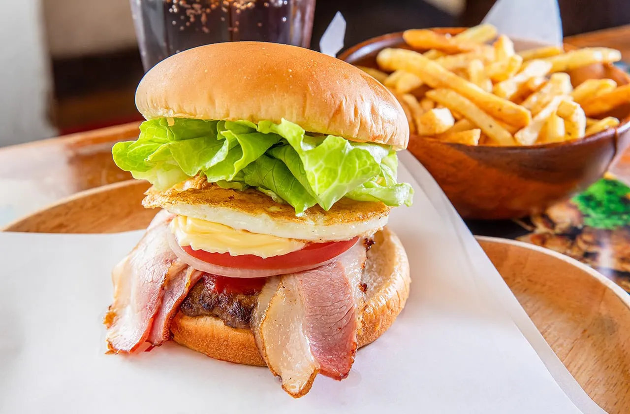 ボリュームたっぷりの「佐世保バーガー」。袋の外から少し潰すのが、上手に食べるコツです。